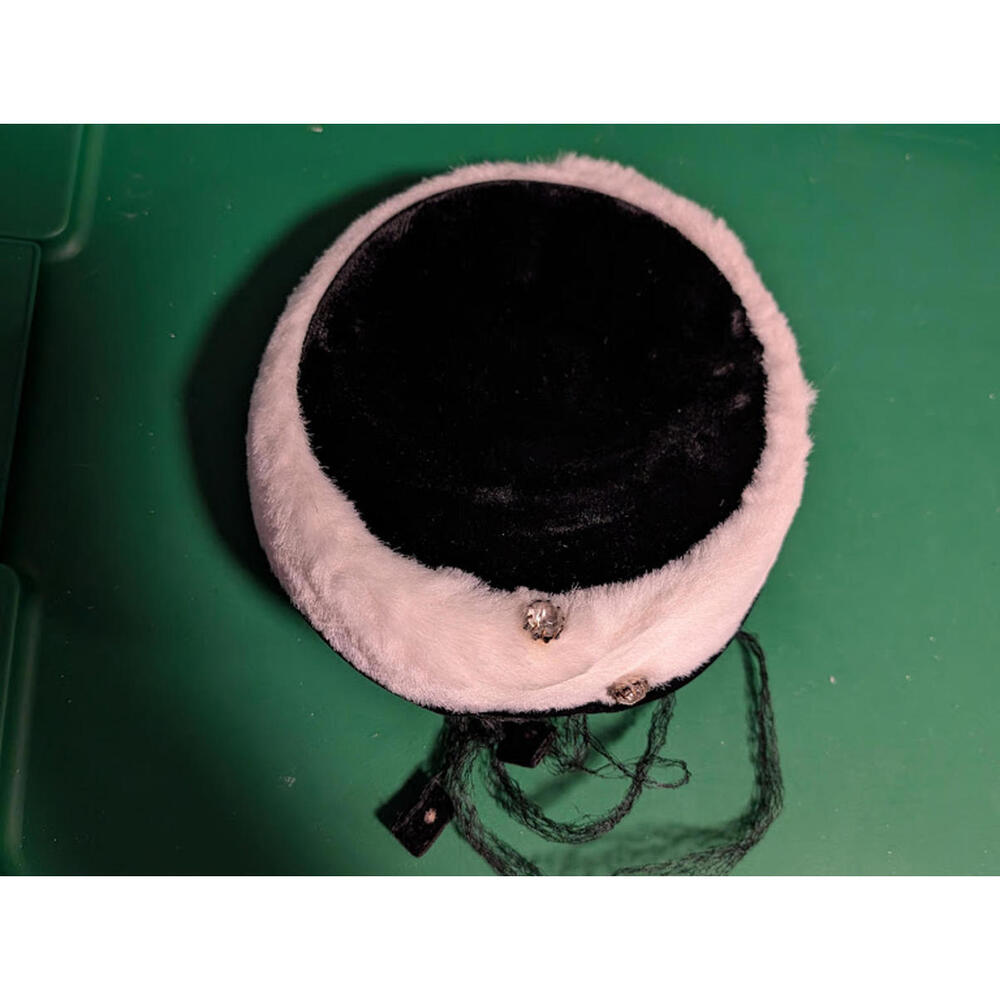 Vintage Black Velour White Faux Fur Hat Caplet & Decorative Buttons 1950s 1960s?